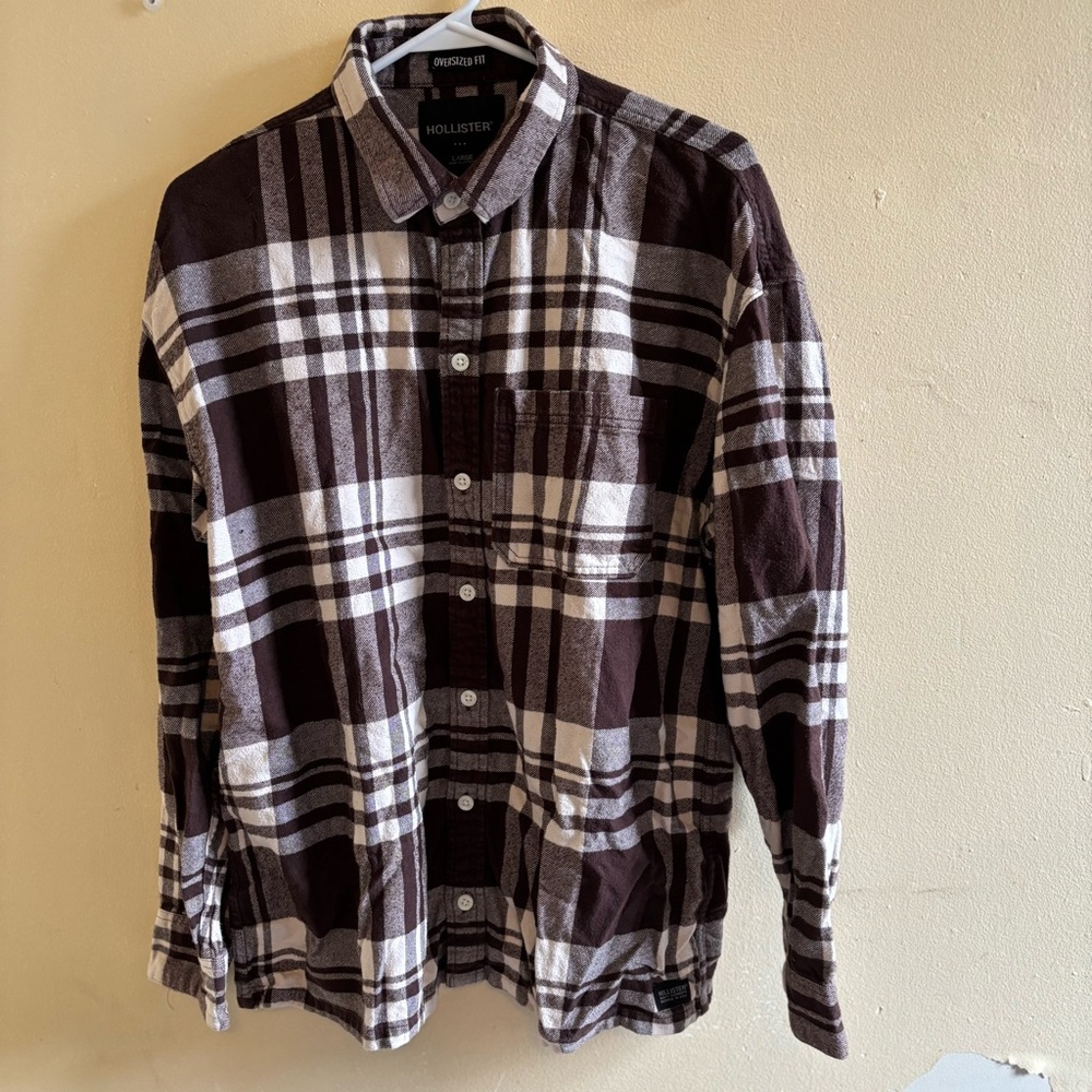 Hollister Men's Dark Brown and White Plaid Shirt